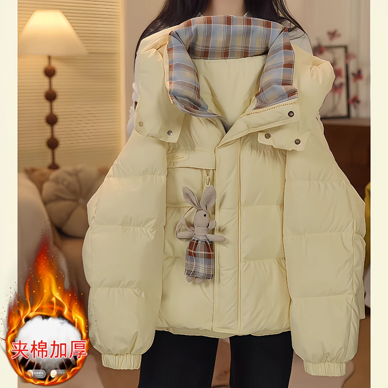 女童格子拼接棉服冬装2025新款加厚中大童棉袄卡通棉衣外套夹棉潮