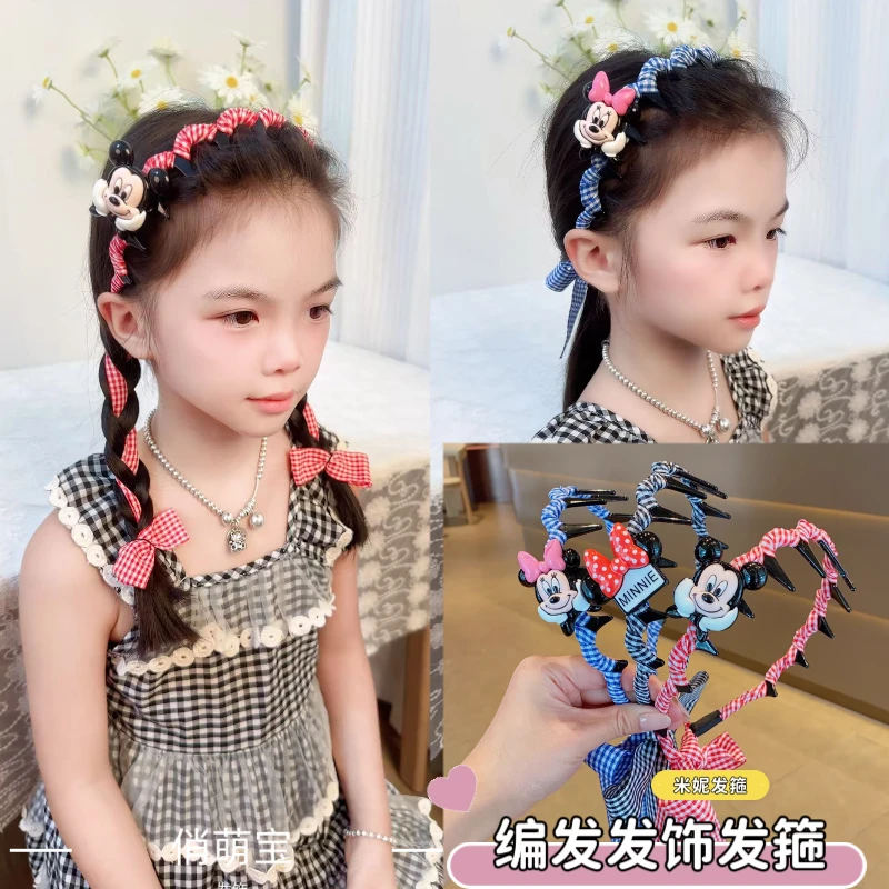 儿童卡通米奇格纹发箍长飘带编发头箍不伤发可爱发夹不勒头发饰