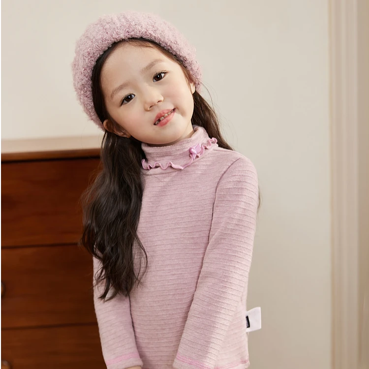 小O宝Okids童装 花边半高领打底衫女加绒冬新年t恤 ODX94047