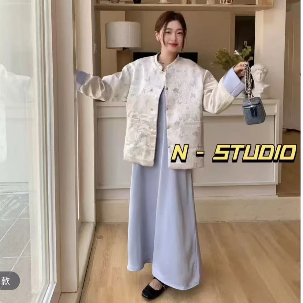 新中式国风时尚套装2025春秋新款重工提花拼色时尚遮肉宽松两件套