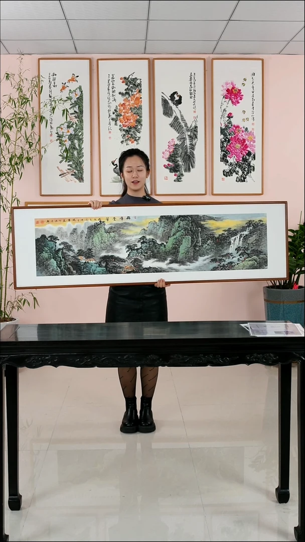 国画张现军《群峰叠翠》手绘带框162*47厘米