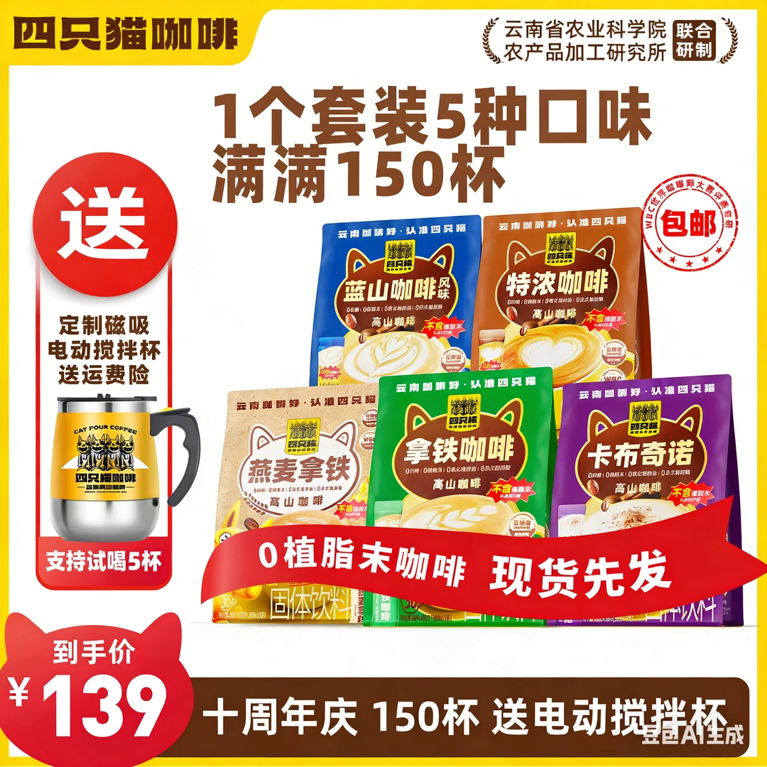 【150杯+送搅拌杯】四只猫 拿铁特浓蓝山燕麦卡布 云南高山速溶咖啡