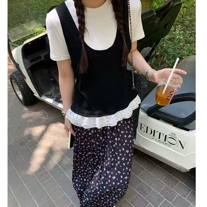 【现货秒发-NAZ微胖大码定制】撞色真两件拼接蕾丝套装