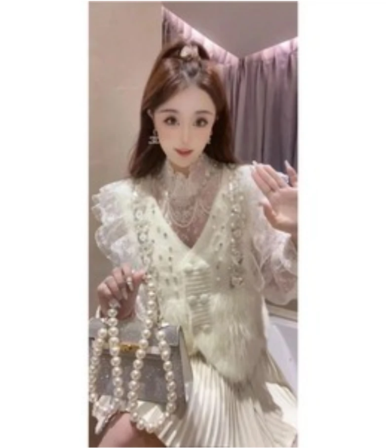 JY&JY橙子大大【游山恋】重工烫钻蕾丝边水毛毛马甲外套 15192