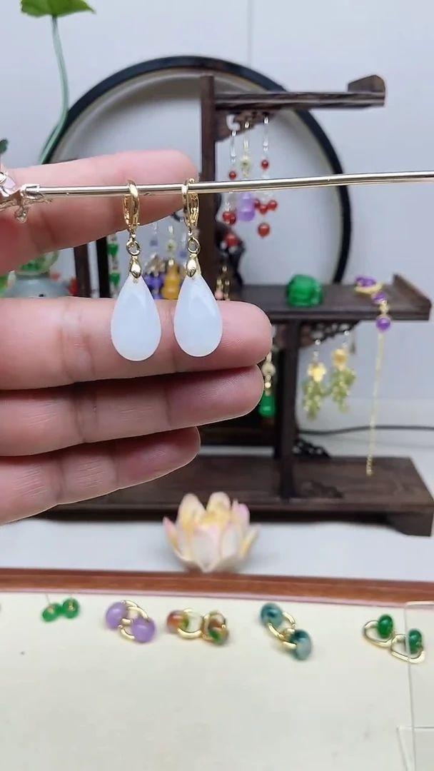 和田玉14K金镶嵌耳饰141号