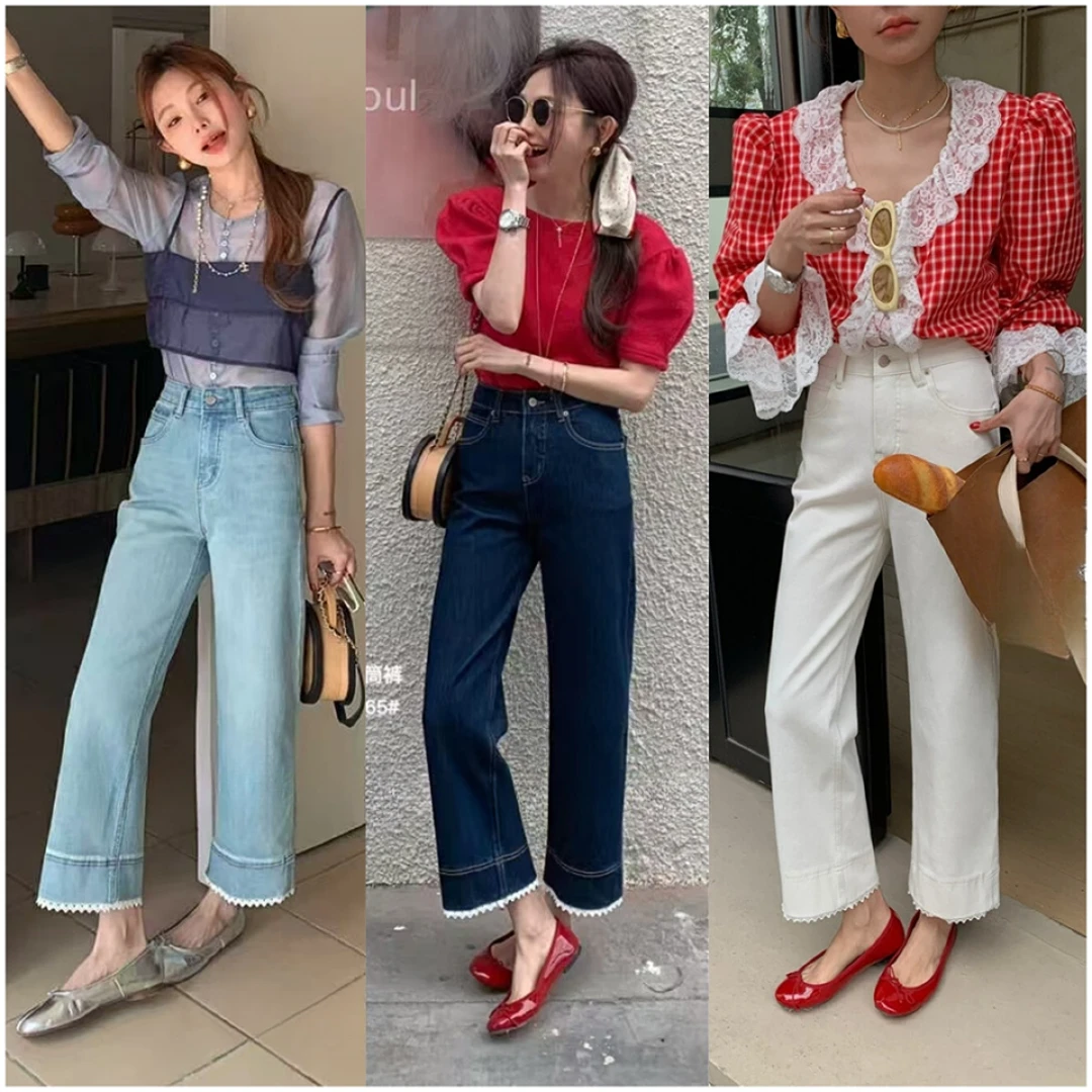 蕾丝花边弹力直筒牛仔裤女2025春夏新款小个子高腰显瘦九分直筒裤