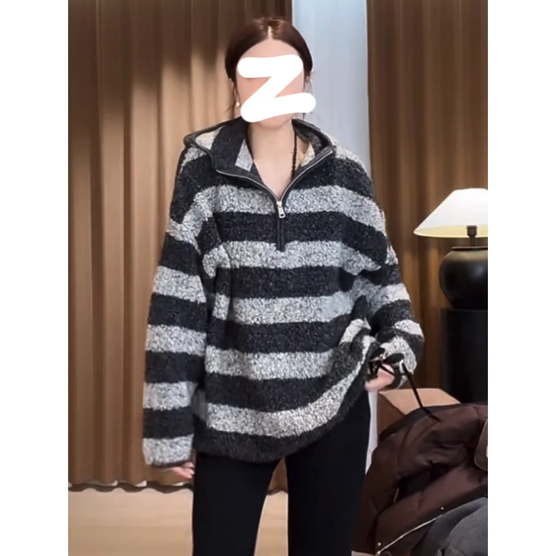 半拉链条纹连帽卫衣女2025秋季大码胖MM洋气加厚撞色软糯连帽上衣