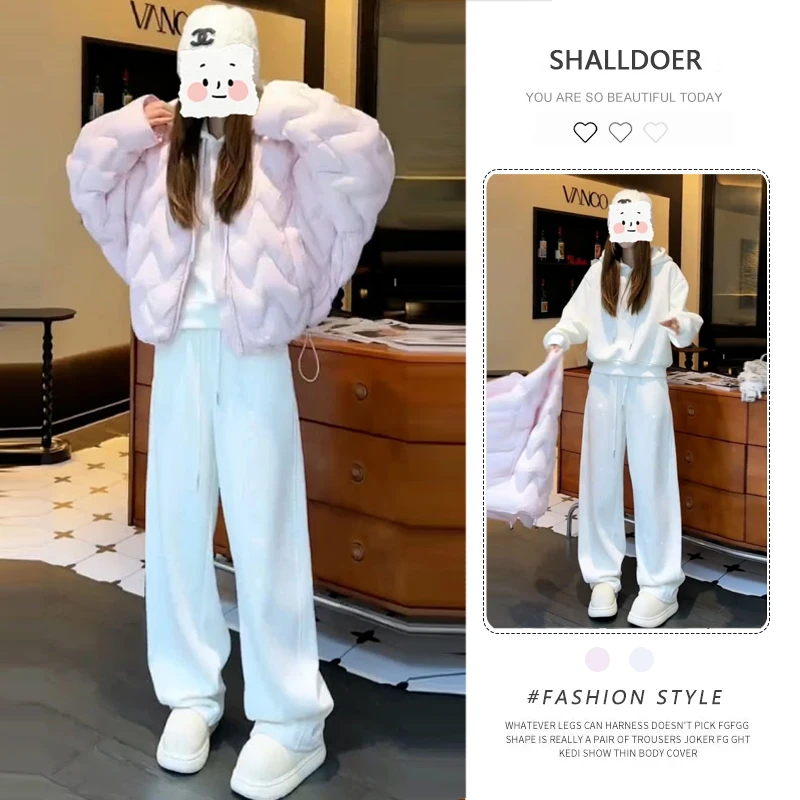 2026秋冬穿搭套装女保暖棉服外套加绒加厚烫钻细闪卫衣卫裤三件套