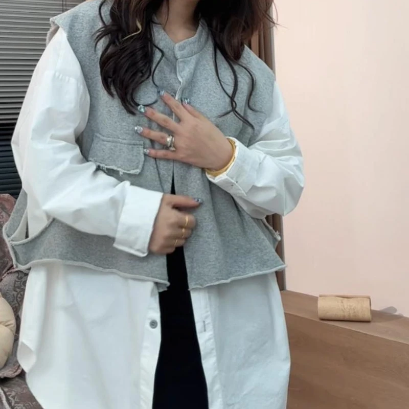 museguhui/木色古汇6966#假两件长袖休闲拼接百搭宽松设计感衬衣