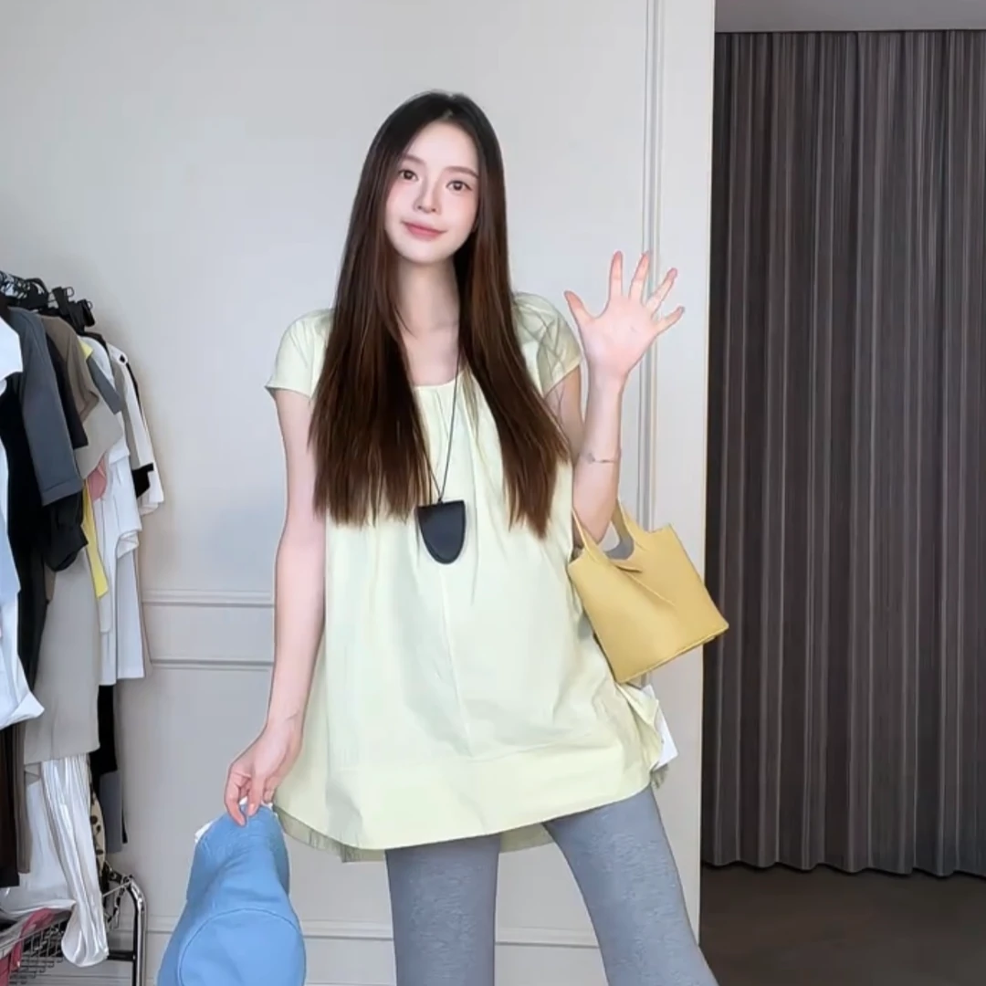 孕妇装～短袖衬衫上衣女夏季新甜美衫宽松中长款小飞袖娃娃