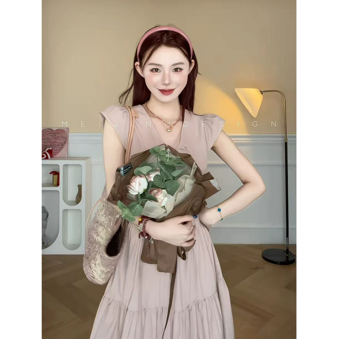 【棉】灰粉蝴蝶结款 下摆蛋糕裙版 美静粉色连衣裙XMZH7136