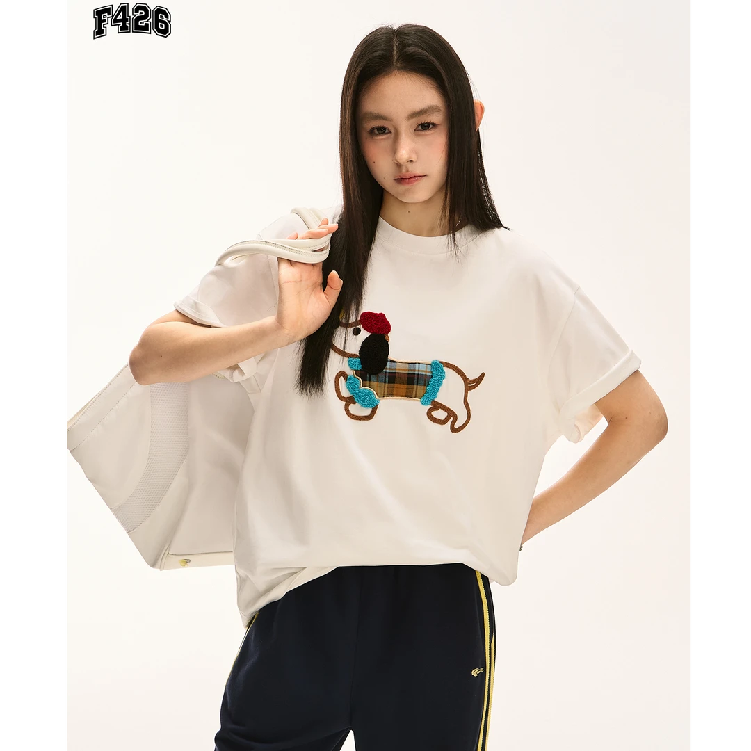 F426腊肠狗链条绣贴布短袖T恤 6637
