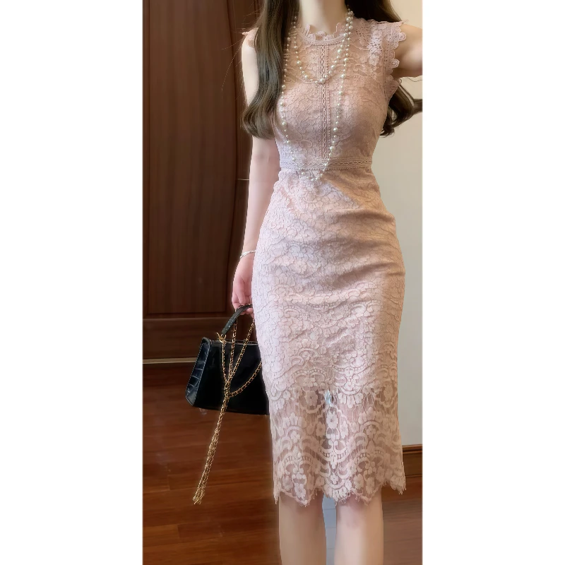 法式优雅纯欲风裸粉色蕾丝连衣裙修身显瘦性感包臀长裙千金小礼服