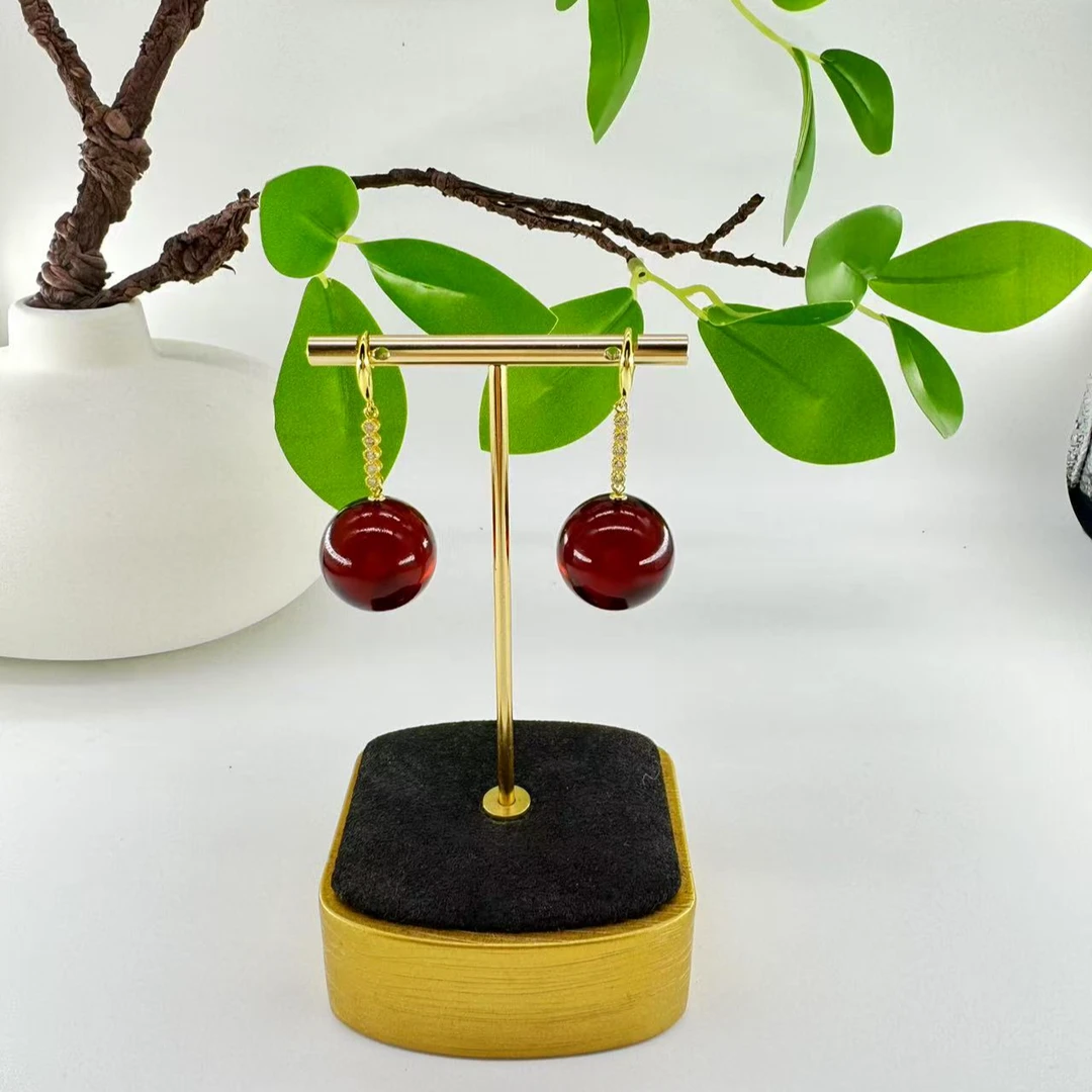 大彬珠宝-20mm天然缅甸血珀单珠耳环时尚气质简约经典耳勾