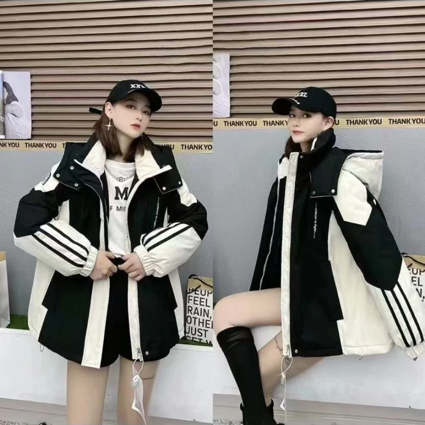 撞色连帽冲锋衣派克羽绒服秋冬时尚休闲上衣-A888