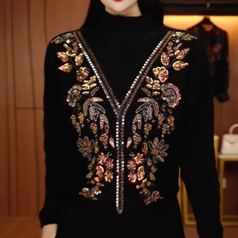 秋冬新款百搭显瘦减龄舒适透气女针织提花圆领衫上衣-M260003