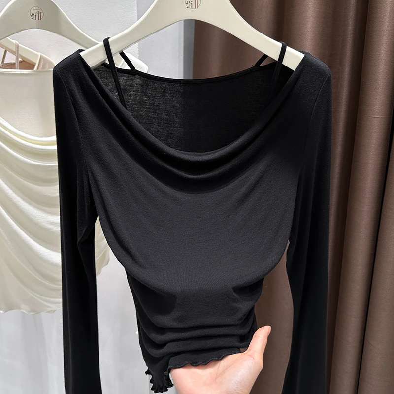 黑色别致荡领T恤高级感外穿假两件打底衫洋气百搭长袖针织上衣女