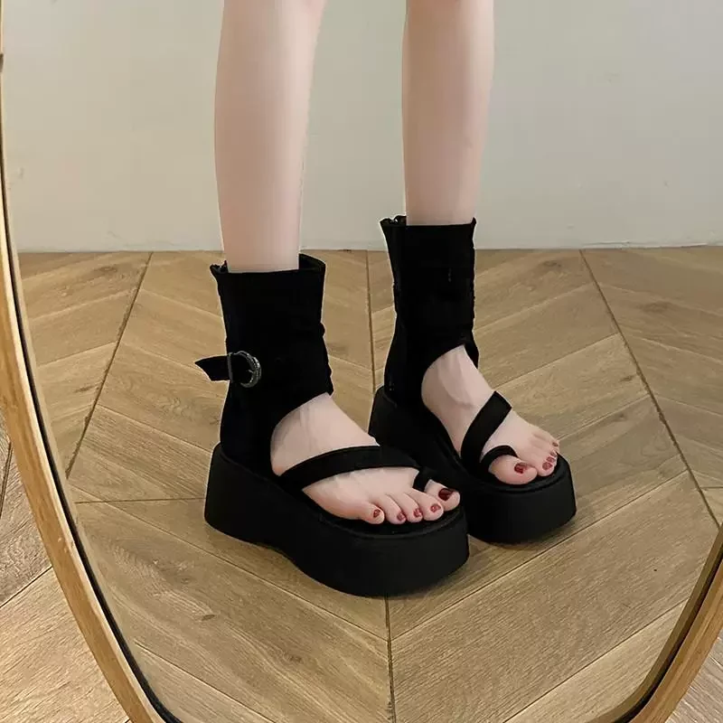 复古厚底夏季新款时尚套趾高帮后拉链罗马凉鞋A51(罗马凉鞋)