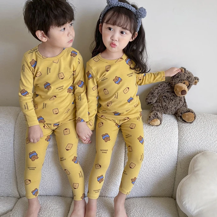 A34 儿童秋衣套装  黄底饼干熊【280克棉】