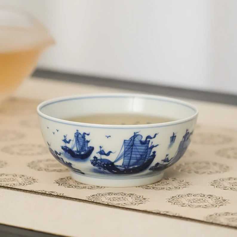 团窑  青花战船出海撇口杯130ml