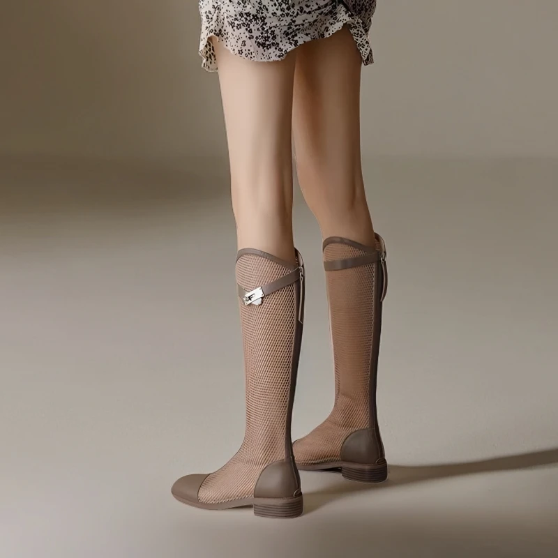 2306劲迈师2025年镂空高筒靴网纱凉靴女圆头平底百搭长靴夏季透气