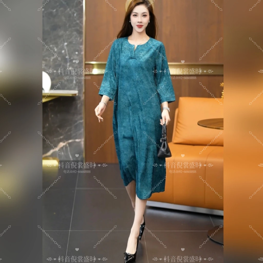 妈妈装夏季宽松遮肉复古气质短袖缎面中长款时尚连衣裙