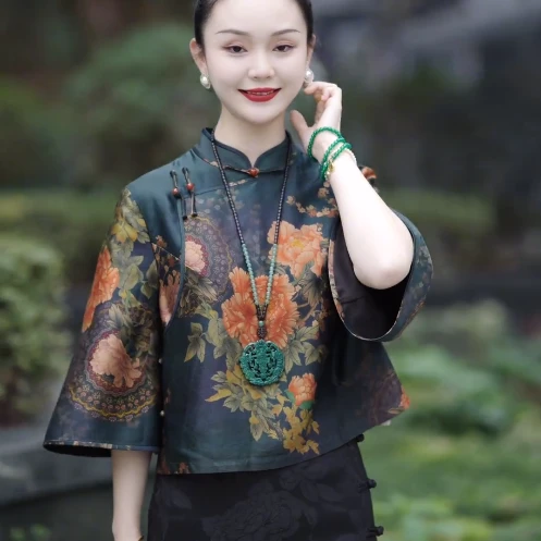 2025春夏新款国风改良汉服上衣复古气质宽松显瘦中式短款旗袍女