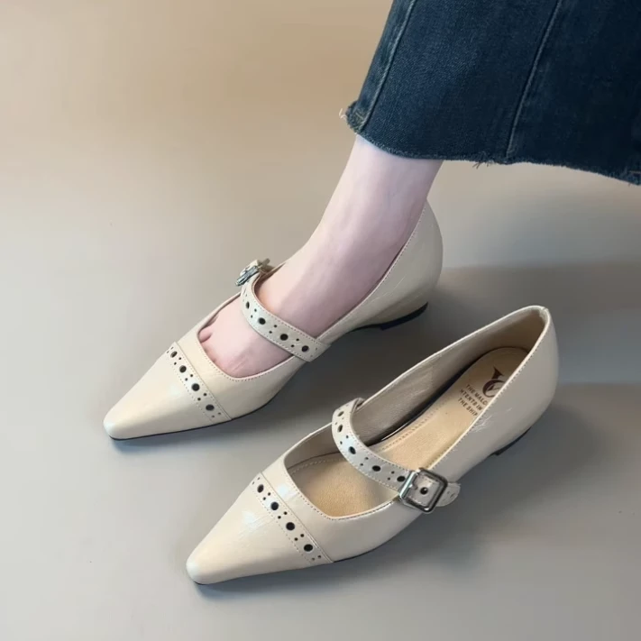 Pokoy-4cm法式复古尖头一字带玛丽珍鞋新款百搭粗跟浅口单鞋