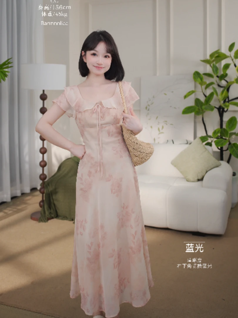 【现货】【夭夭粉玫瑰】法式碎花甜美夏时尚短袖长裙方领显瘦连衣裙