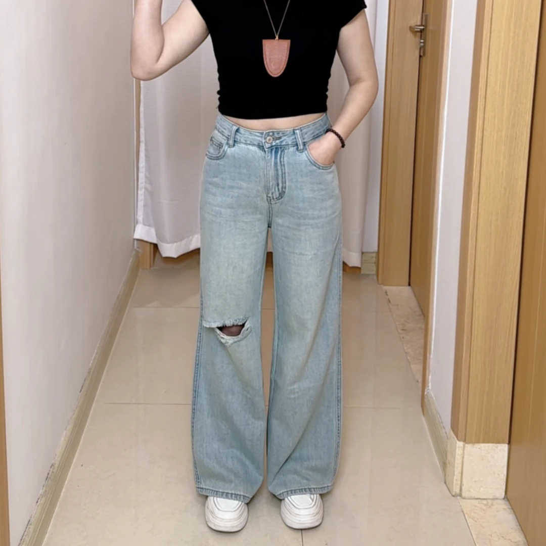 香香3130直筒微喇牛仔裤女夏季时尚休闲显瘦小个子破洞宽松喇叭裤