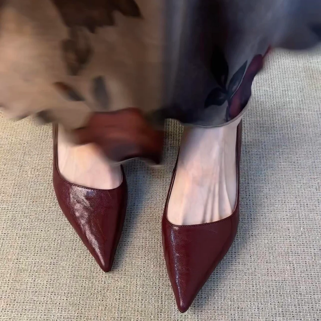 羊皮法式复古高跟鞋女禾秀婚纱两穿新娘鞋通勤百搭尖头小猫跟单鞋
