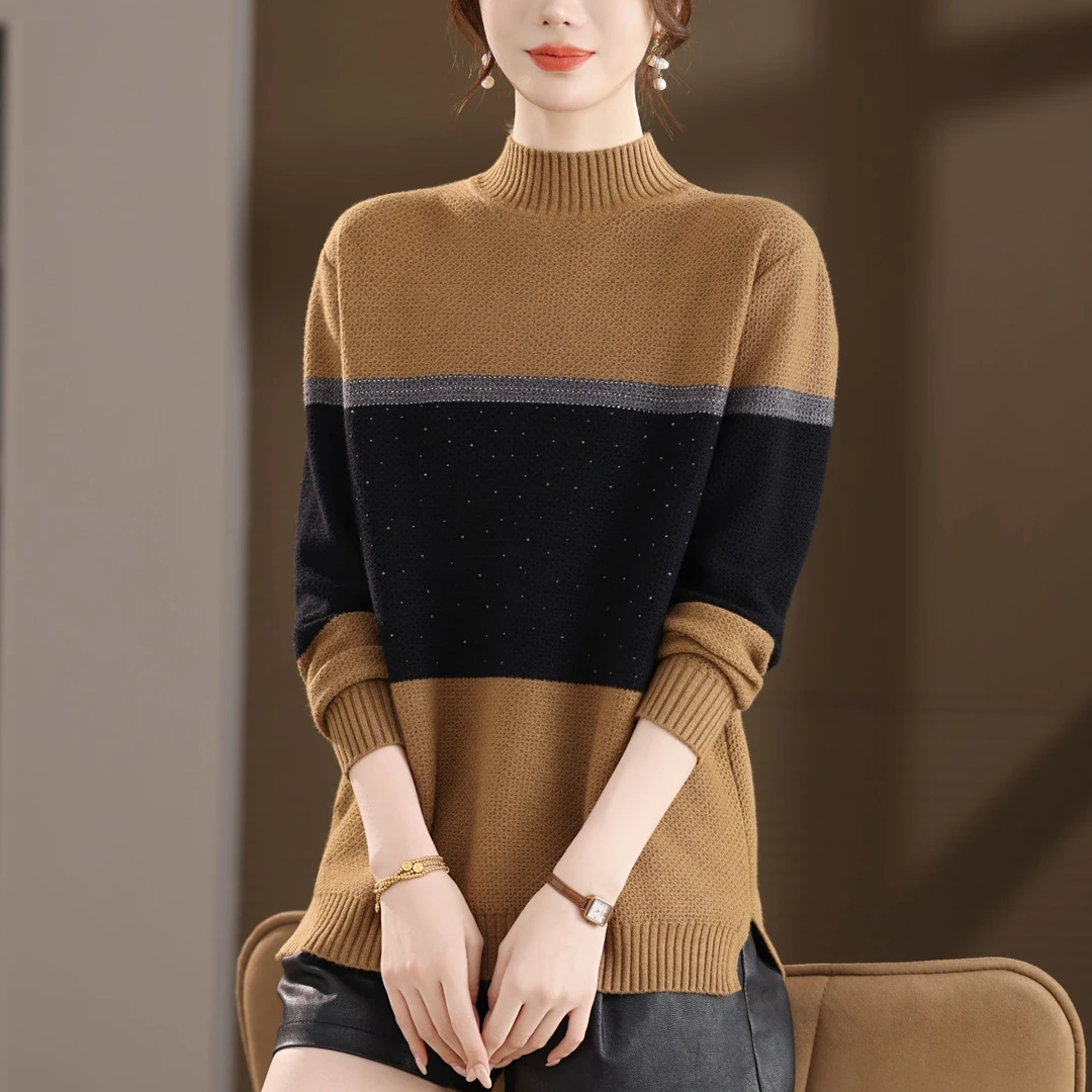 秋冬加厚毛衣女慵懒风高级感撞色打底衫宽松型大码女装针织衫上衣