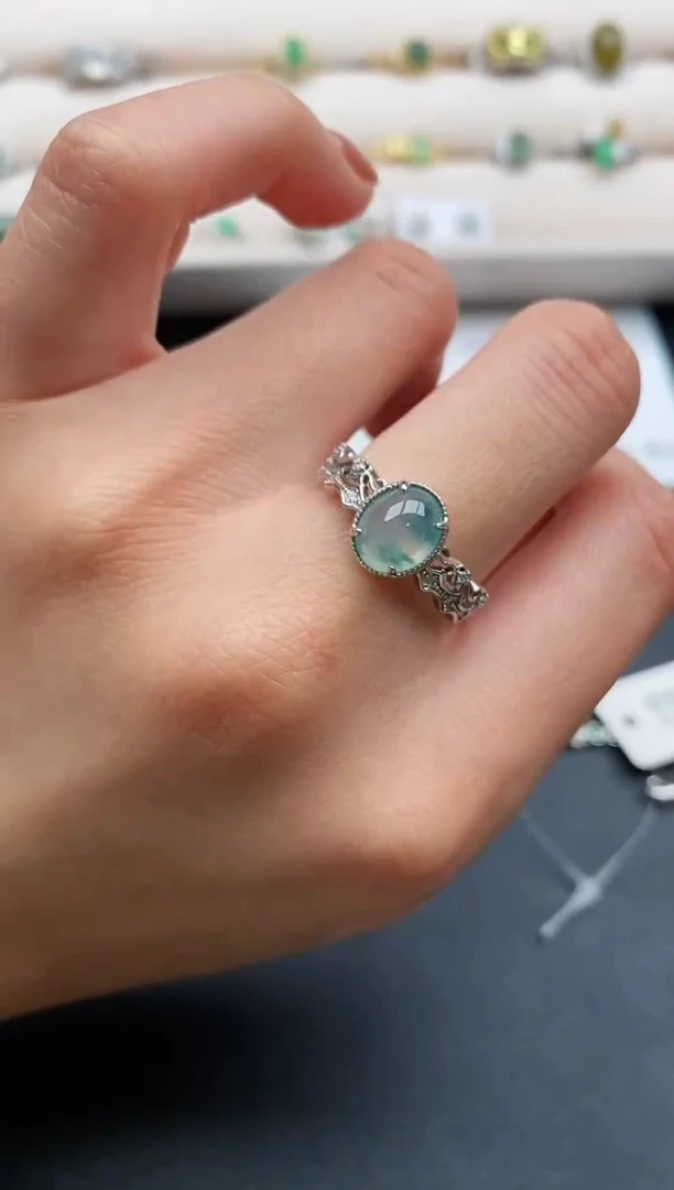 银S925镶嵌戒指翡翠缅甸天然A货翡翠33  3-9