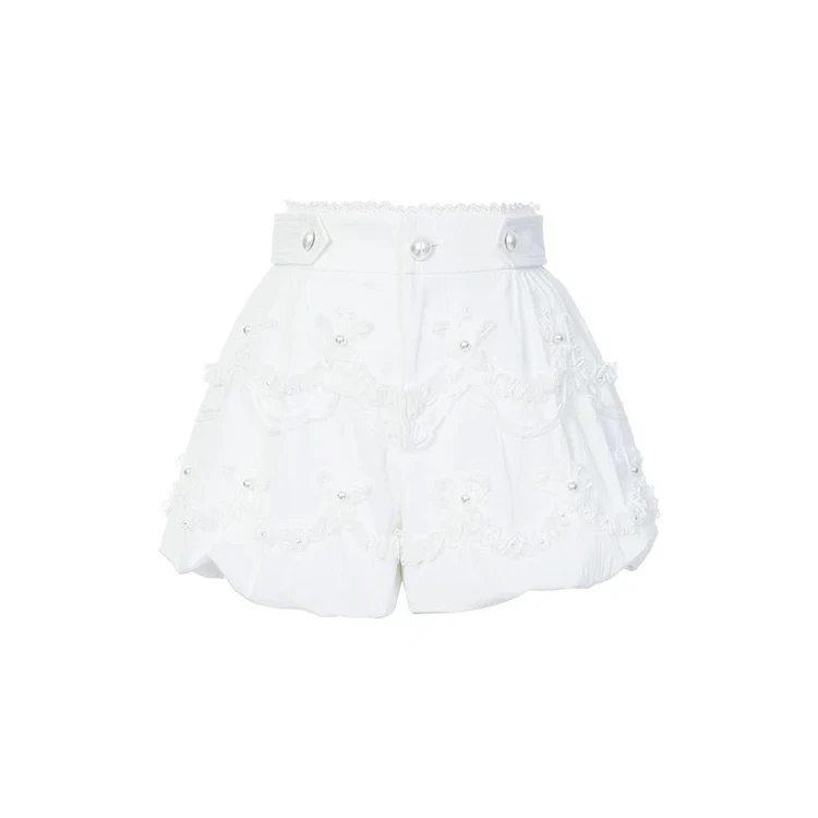 ES.南油原创春夏重工蕾丝帷幔花边装饰白色高腰显瘦气泡时尚短裤