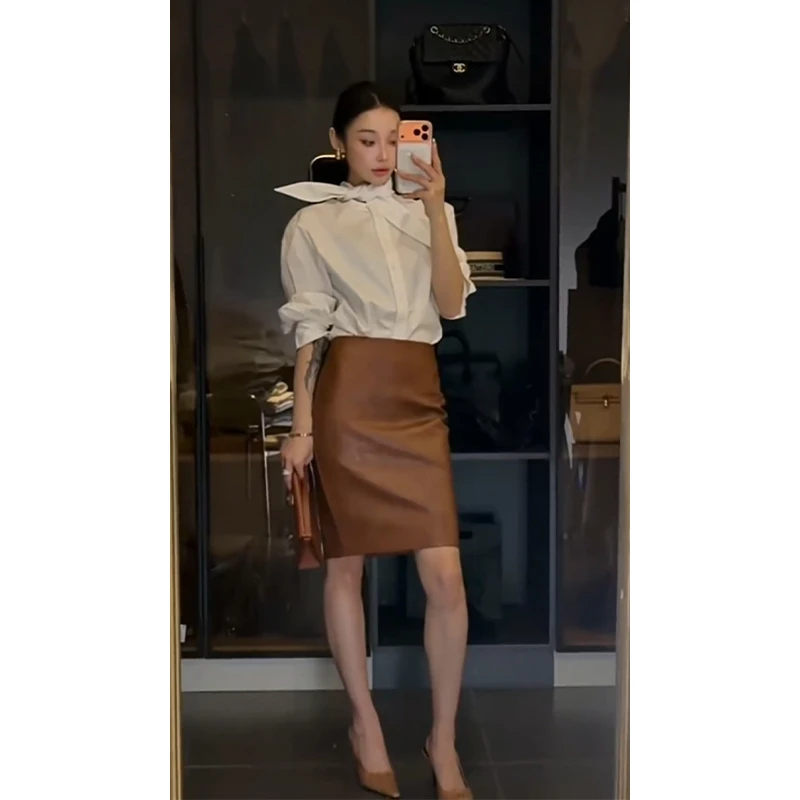 2025秋冬新款法式气质宽松蝴蝶结长袖衬衫上衣百搭高腰包臀半身裙