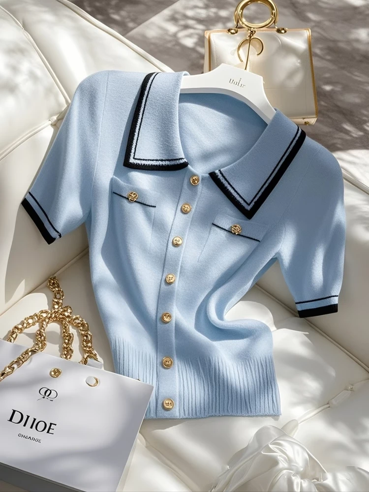 2025夏季新款简约小众千金翻领短袖t恤女针织衫拼色纽扣上衣