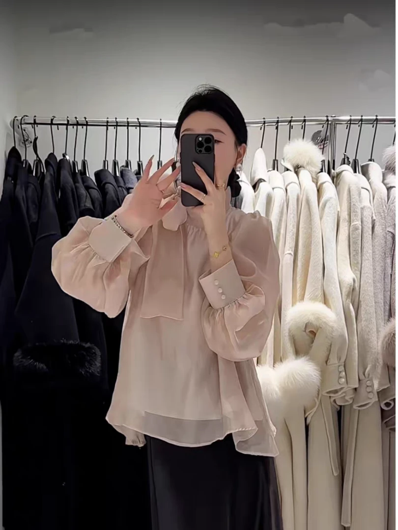 小芸推荐-粉色高级感蝴蝶结绑带衬衫女2025早春新款气质轻奢上衣