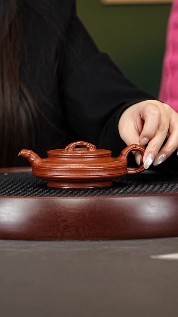 茶壶紫砂153ZXJ扁竹鼓 龙山大红泥200cc