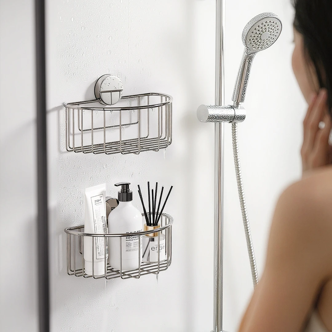 卫生间吸盘式浴室置物架洗漱化妆品墙上收纳收纳盒壁挂不锈钢篮