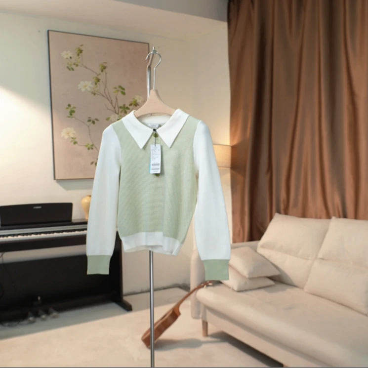 G050 娃娃领拼色长袖针织衫女 46XA26