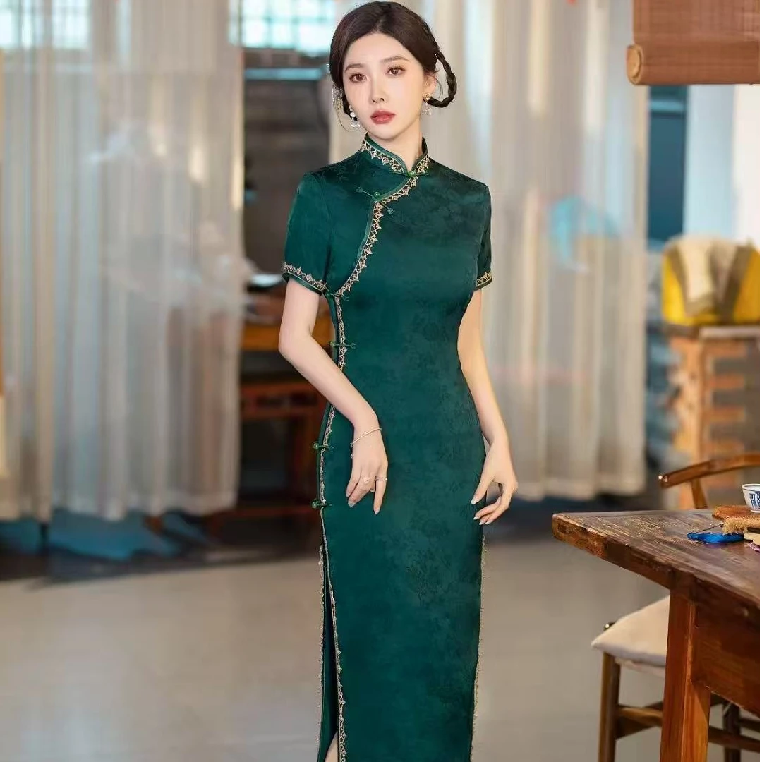 303--绿色--苏州高端旗袍夏季长款双层