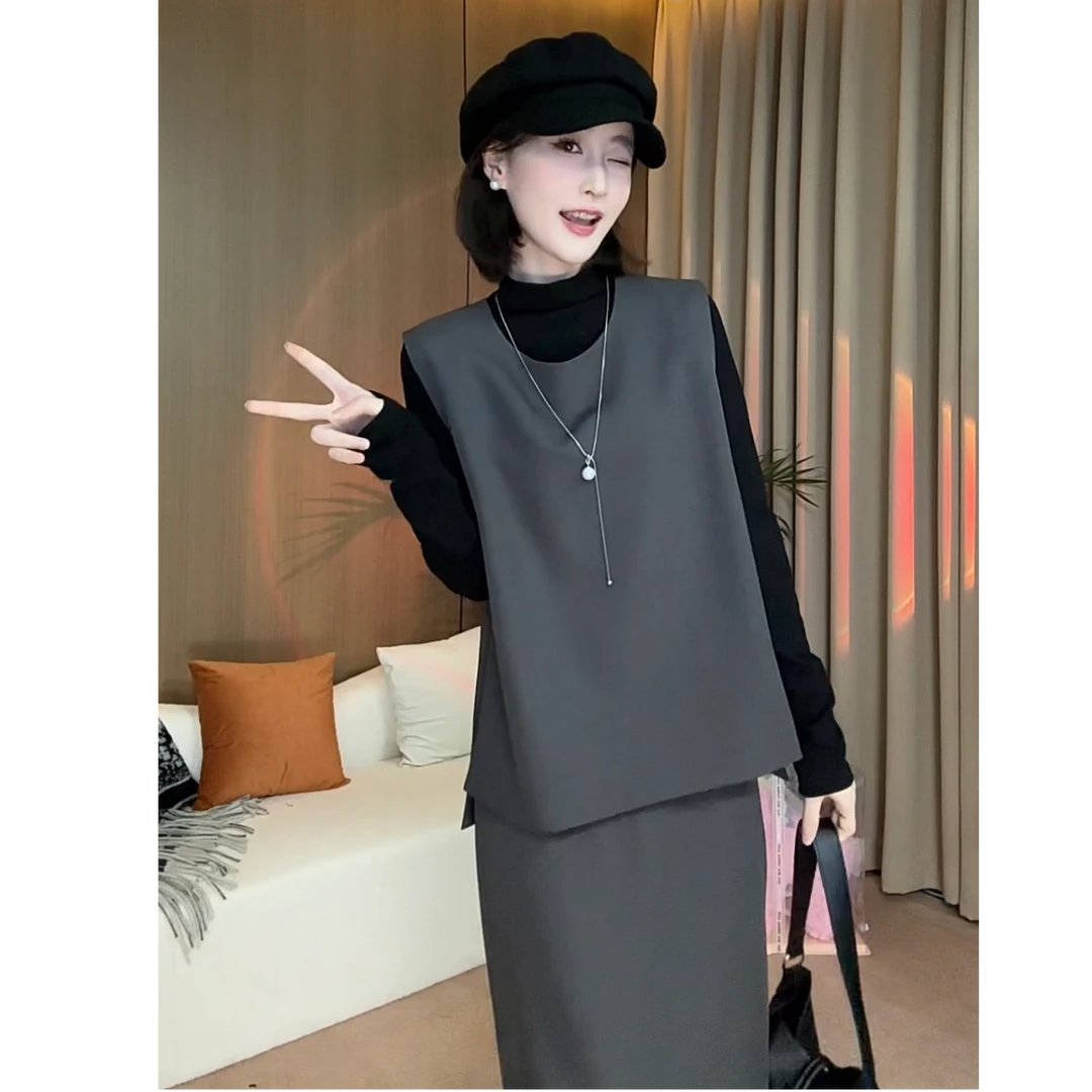 【三件套】春季新款韩剧慵懒3242减龄马甲纯色打底衫半身裙女套装