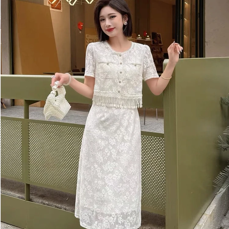 2519【裙长108】假两件连衣裙气质法式百搭夏季小香风收腰