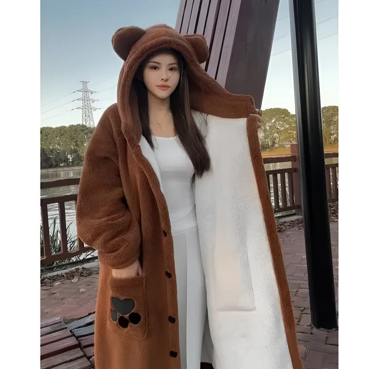美拉德秋冬加绒中长款家居服睡衣大码连帽宽松加厚浴袍保暖睡袍女