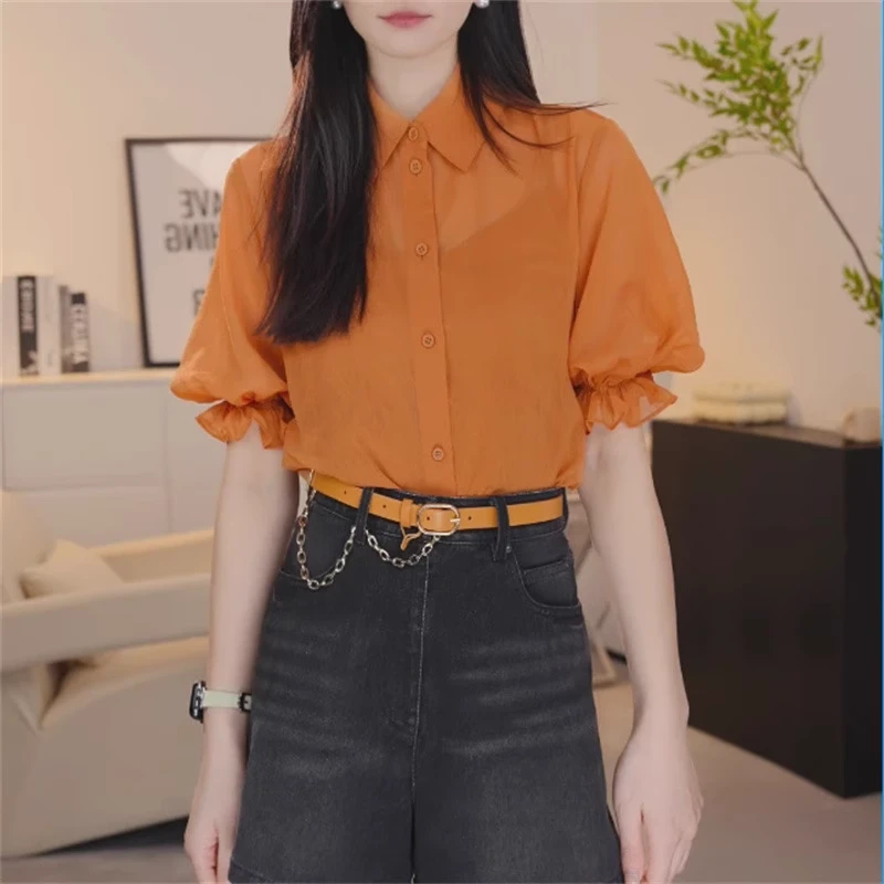 友阿商场玛施嫚2025简约气质通勤百搭两件套翻领泡泡袖衬衫130018