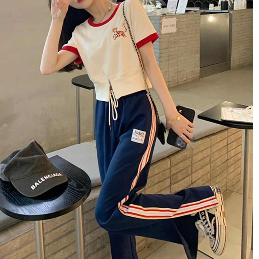 网红时尚运动长裤女夏季洋气减龄显瘦小个子阔腿显腿长休闲裤