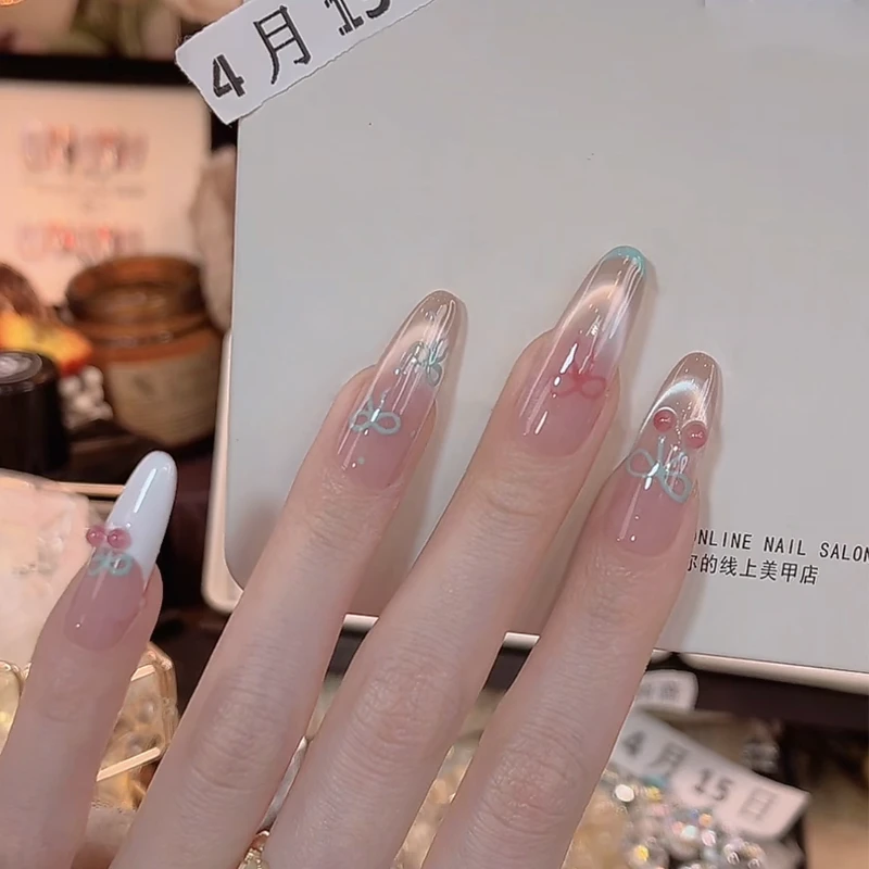 法式樱桃穿戴甲显白猫眼纯手工新款美甲中长款手绘樱桃网红指甲片