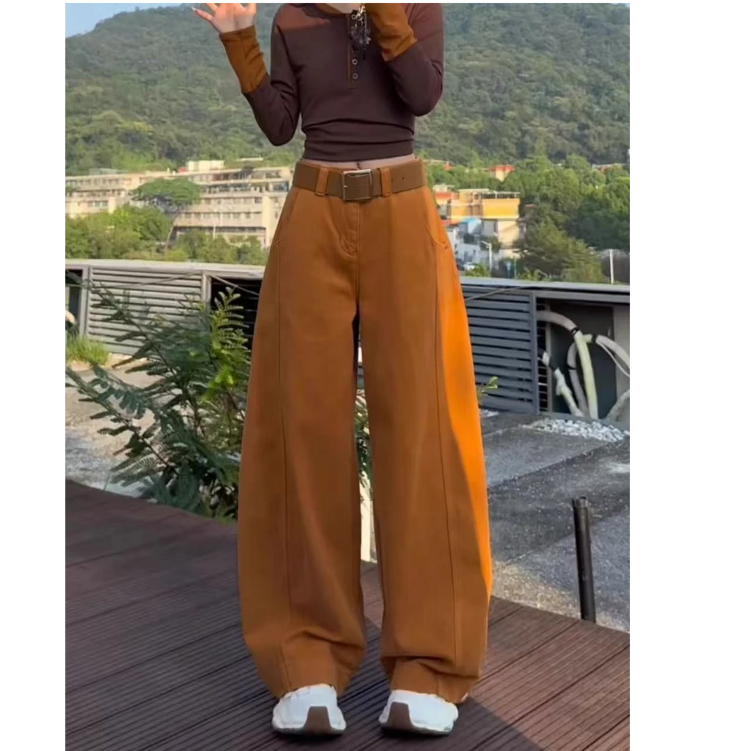 冬季新款韩系加绒保暖牛仔拼接宽松设计感显瘦弯刀裤B3105