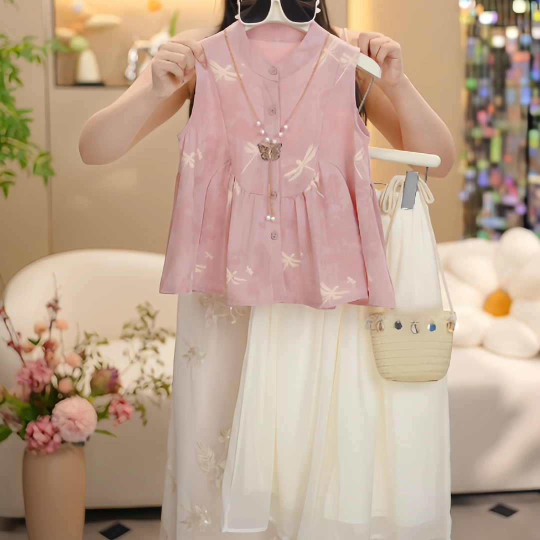 女童夏装2025新款设计师款洋气新中式无袖娃娃衫休闲阔腿裤两件套