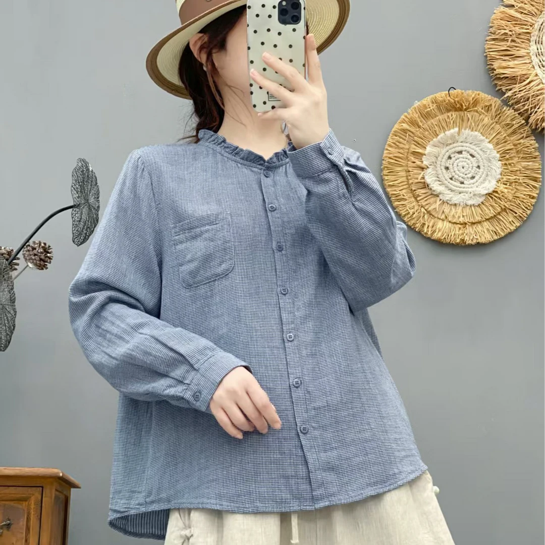 千鸟格花边衬衫女纯棉2025秋季新款复古文艺休闲棉纱长袖衬衫女